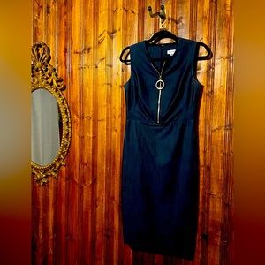 Dark blue Calvin Klein Denim Dress with Gold front Zipper accent